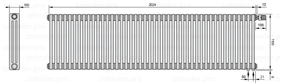 Схема (чертеж) Радиатор Zehnder Charleston 3110/44 №V002 Белый глянцевый RAL 9016